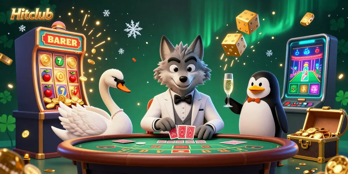 Experience the thrill of Hitclub with a 3D wolf, swan, and penguin in a dynamic casino scene, showcasing games and jackpots.