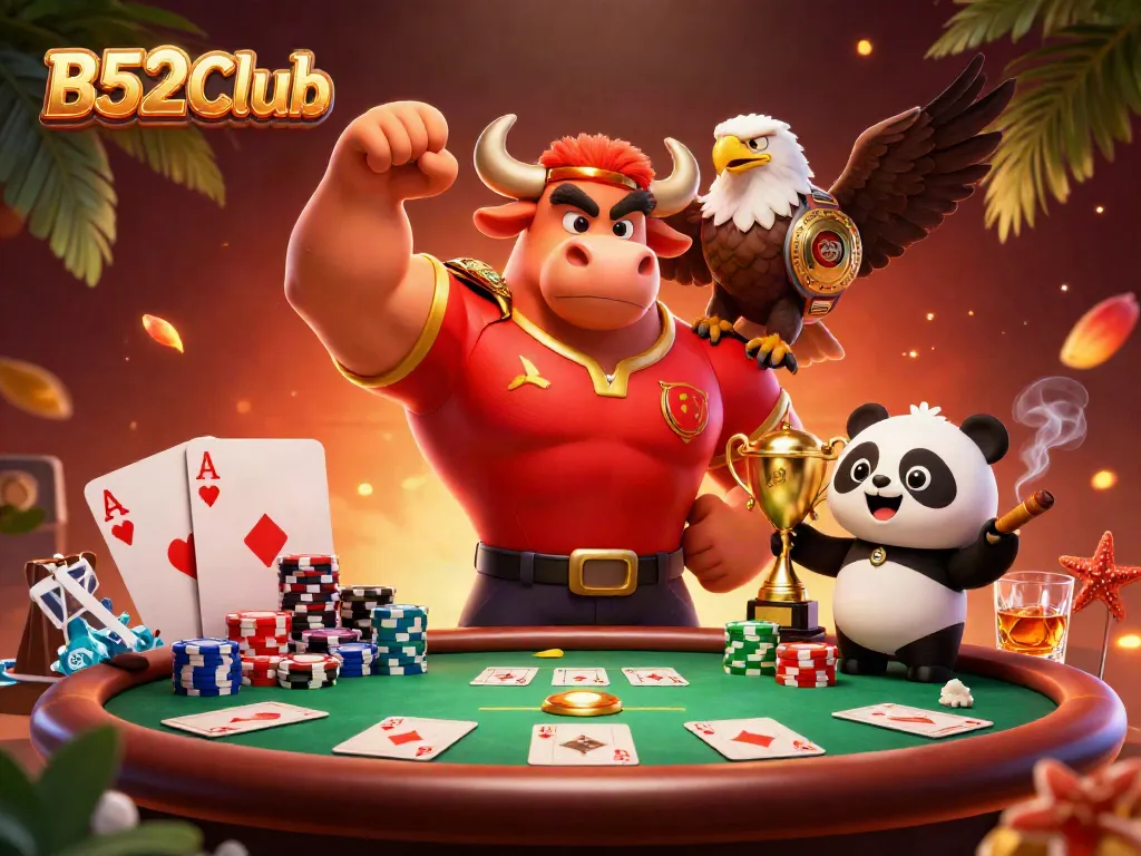 B52Club features a victorious bull mascot posing with a trophy, surrounded by poker elements and festive details.