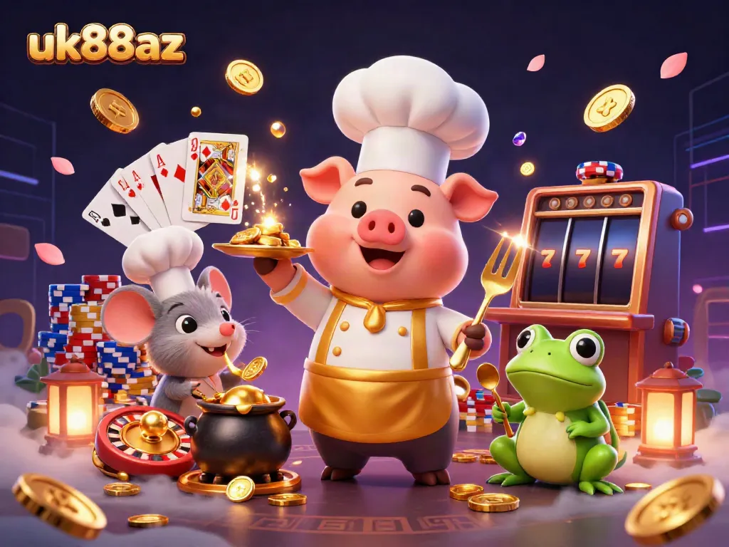 Experience thrill with uk88az as a chef pig serves golden coins amidst a vibrant casino backdrop.