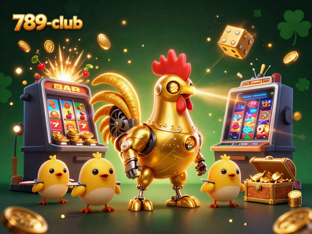 Experience thrilling wins at 789-club with vibrant golden rooster robot and exciting casino elements.