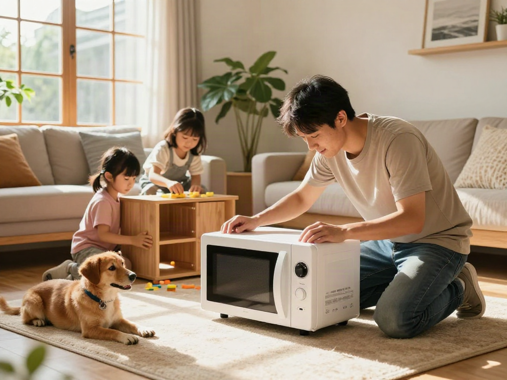 Traitement Shashel® pour bois en famille, appareil actif dans un salon lumineux.