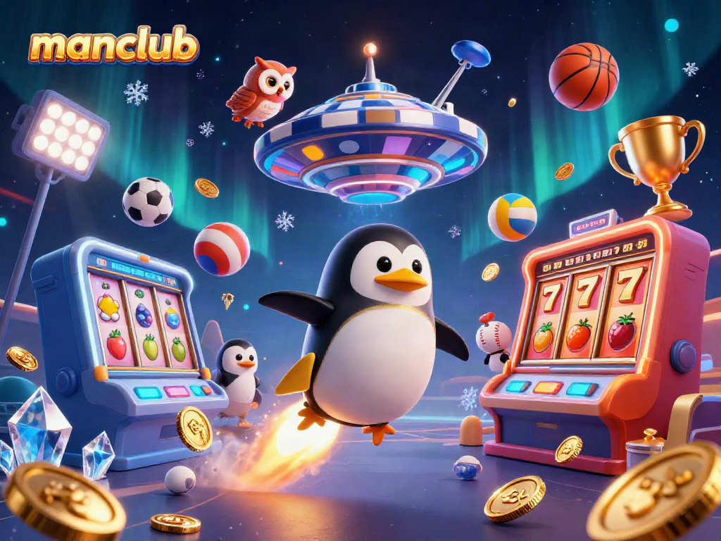 Engage with games at Manclub's vibrant casino themed 3D scene, featuring animals and prizes.