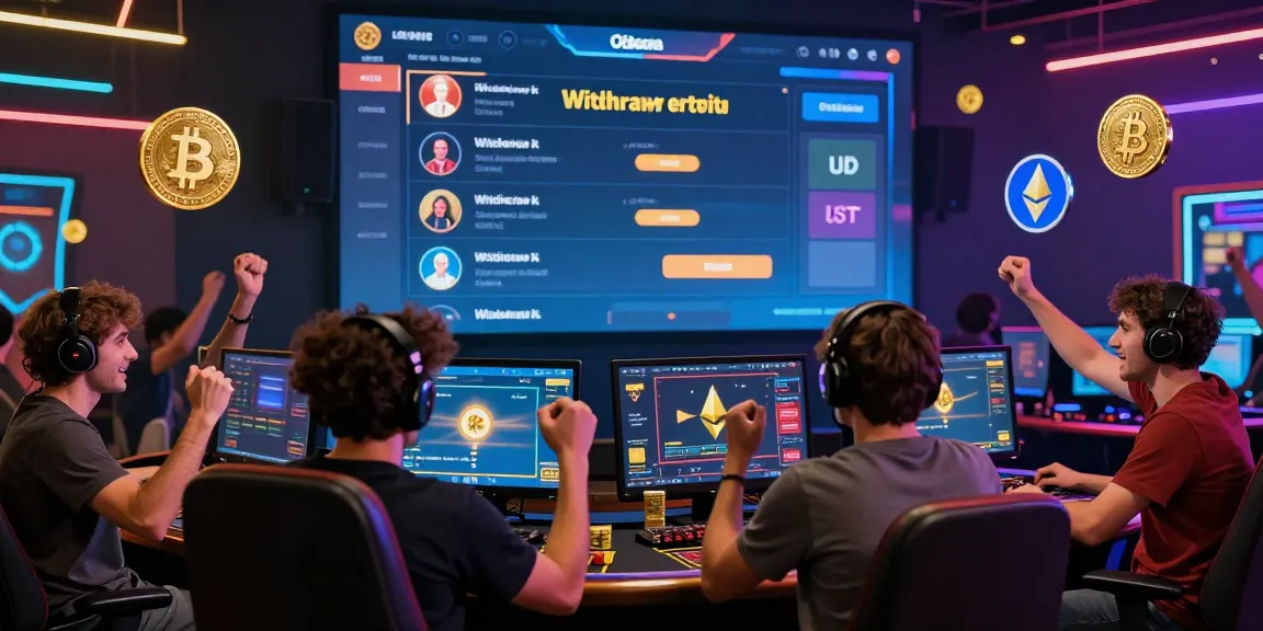 Casino crypto retrait instantané : ambiance dynamique avec joueurs célébrant des gains, graphiques de retraits instantanés, et iconographie de cryptomonnaies.