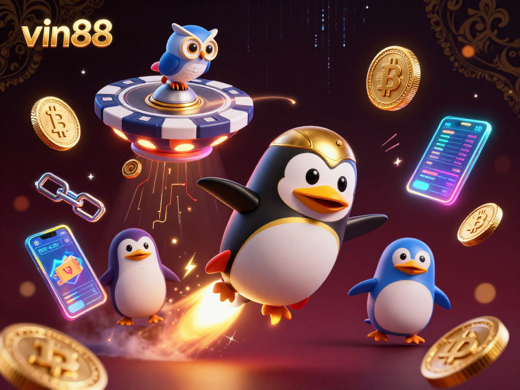 Experience the thrill of vin88 as a rocket-powered penguin soars towards a casino station in space.