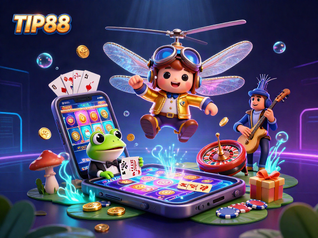 Engage with TIP88's dynamic gaming scene featuring vibrant characters and exciting casino elements.