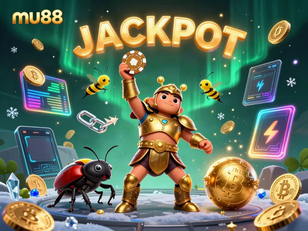 Engage in thrilling gameplay at mu88, where a hero beetle lifts victory chips amidst dazzling casino elements.