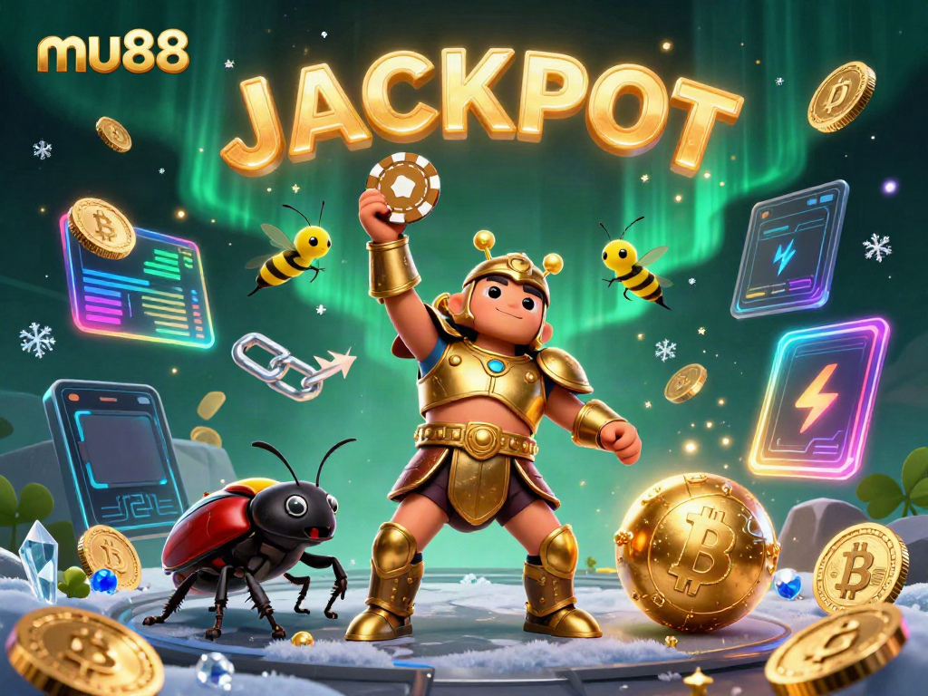 Engage in thrilling gameplay at mu88, where a hero beetle lifts victory chips amidst dazzling casino elements.