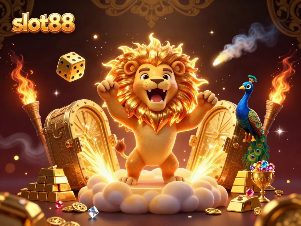 Experience the thrill of slot88 with a vibrant 3D casino illustration filled with dynamic characters and treasure.