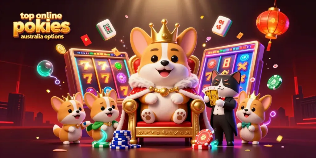 Engage with top online pokies Australia options featuring lively characters, slot reels, and festive elements.