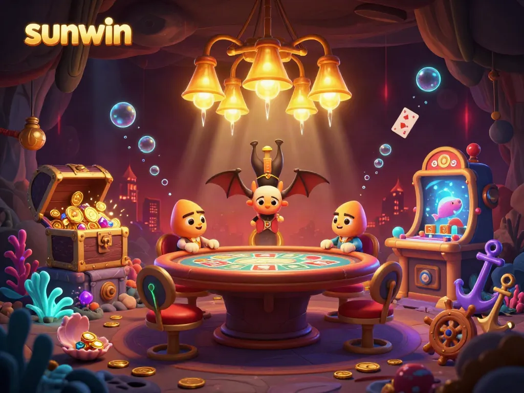 Experience thrilling gaming with sunwin in a magical glowworm-lit cave casino, featuring vibrant treasures and a unique bat dealer.