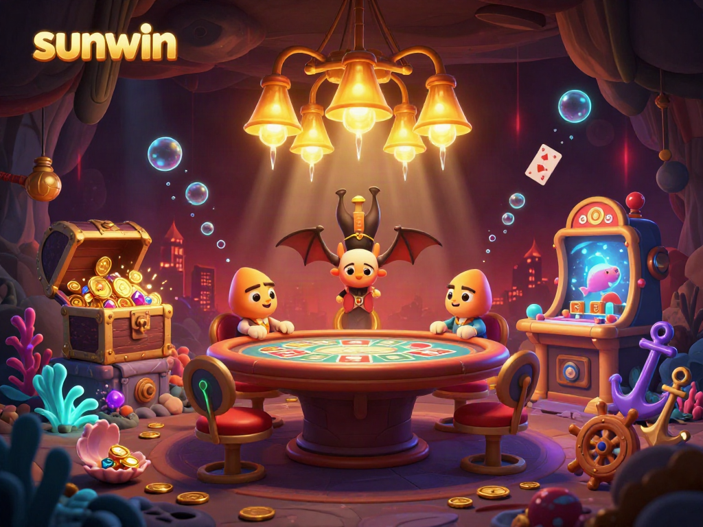 Experience thrilling gaming with sunwin in a magical glowworm-lit cave casino, featuring vibrant treasures and a unique bat dealer.