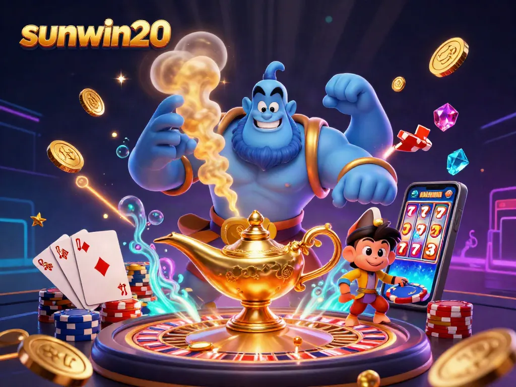 Experience the thrill of sunwin20 with a vibrant 3D casino scene featuring a genie, magic carpet, and poker chips.