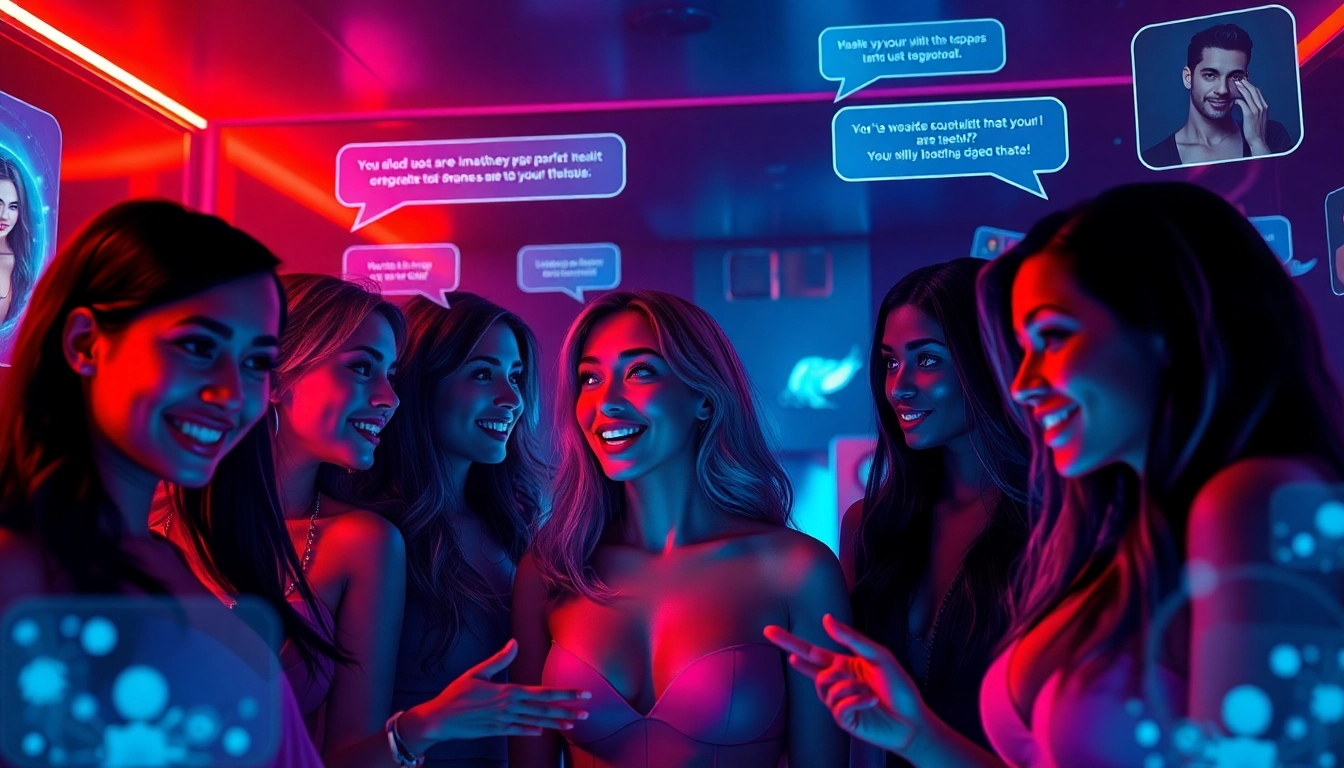 Engaging scene of diverse users in a porn AI chat with playful avatars and flirtatious conversations.