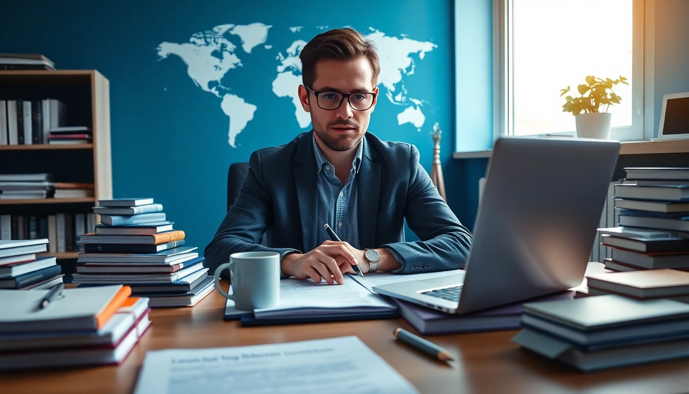 Environnement professionnel impressionnant illustrant la traduction assermentée avec un traducteur en activité, renforçant la confiance et l'expertise.