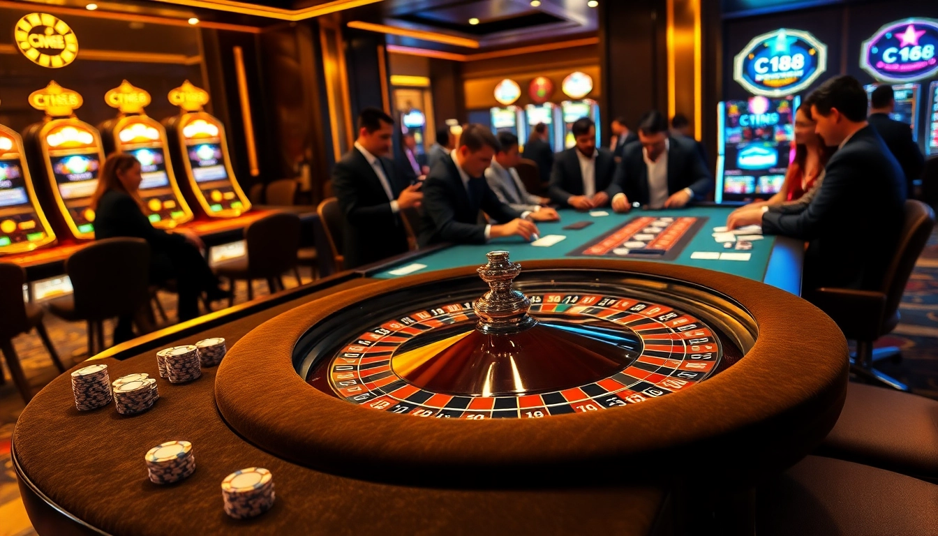C168 casino scene with roulette table and poker chips highlighting luxurious gambling experience.
