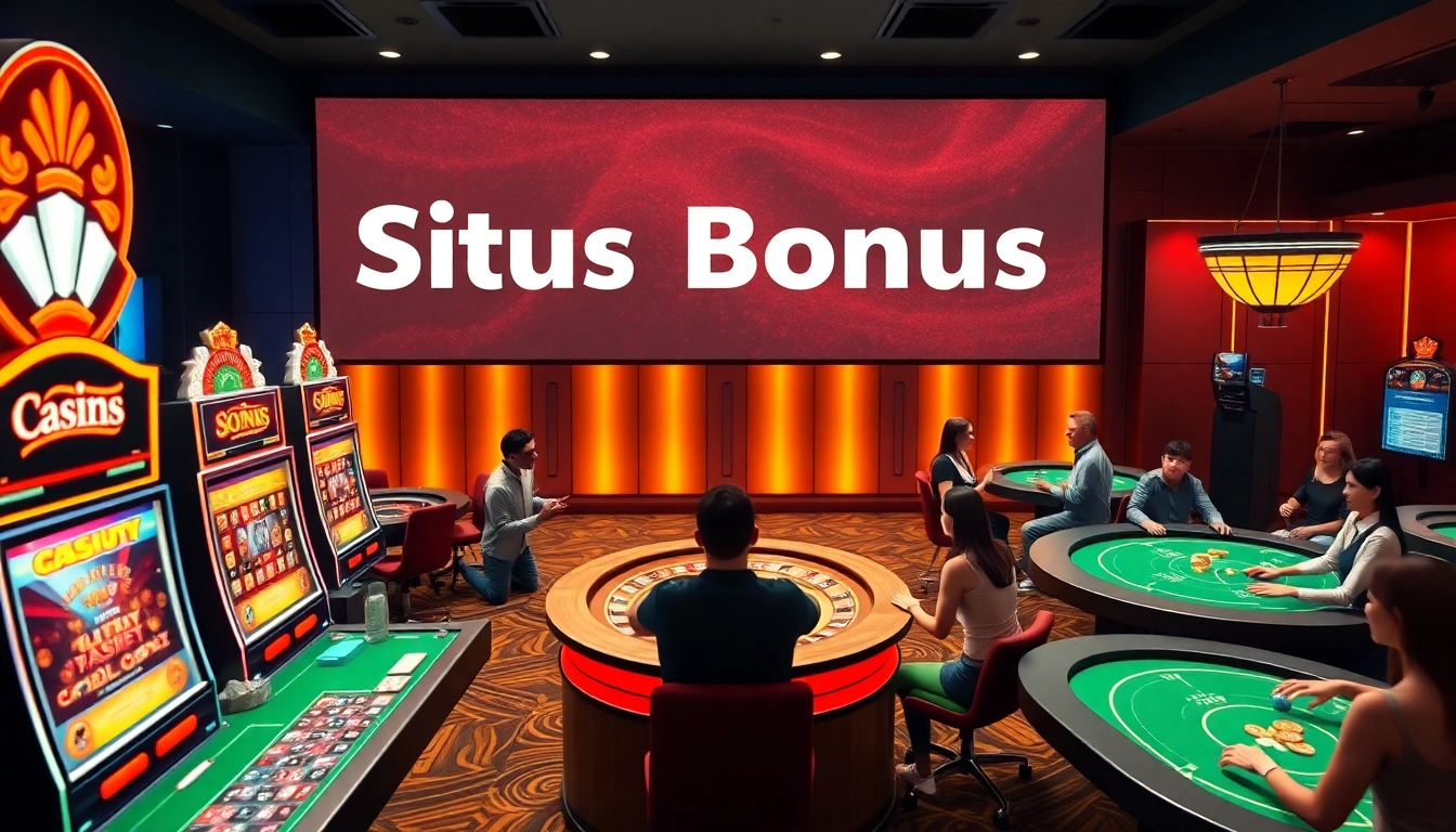 Situs bonus new member displayed in an elegant online casino scene filled with slot machines and a roulette wheel.