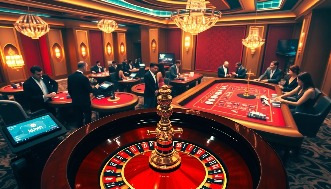 kkwin đăng nhập at a luxurious casino with vibrant gaming tables and excited players.