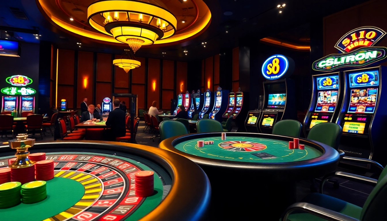 Engage in thrilling poker gameplay at an S8 casino featuring vibrant table scenes.