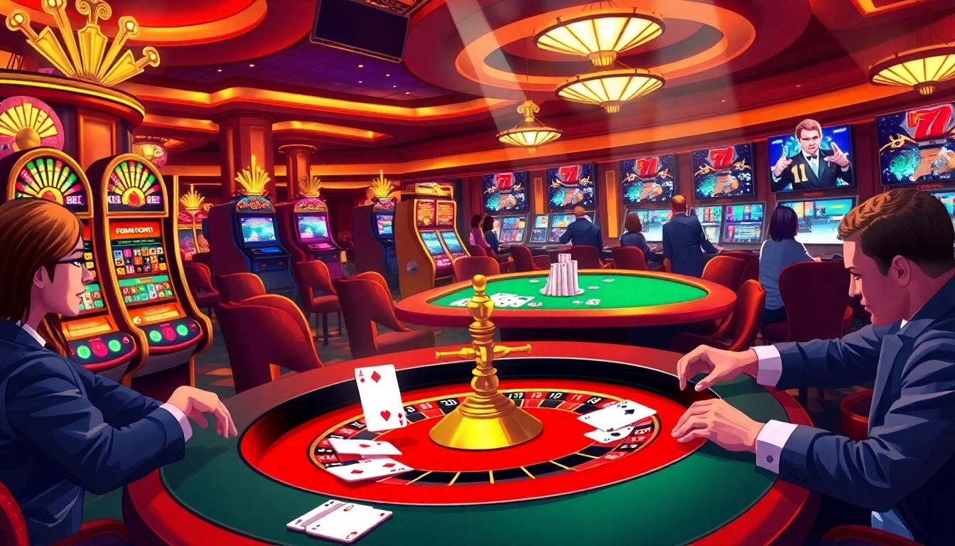 Experience the thrill of meilleur casino en ligne france with players at an exciting roulette table amidst glowing slot machines.