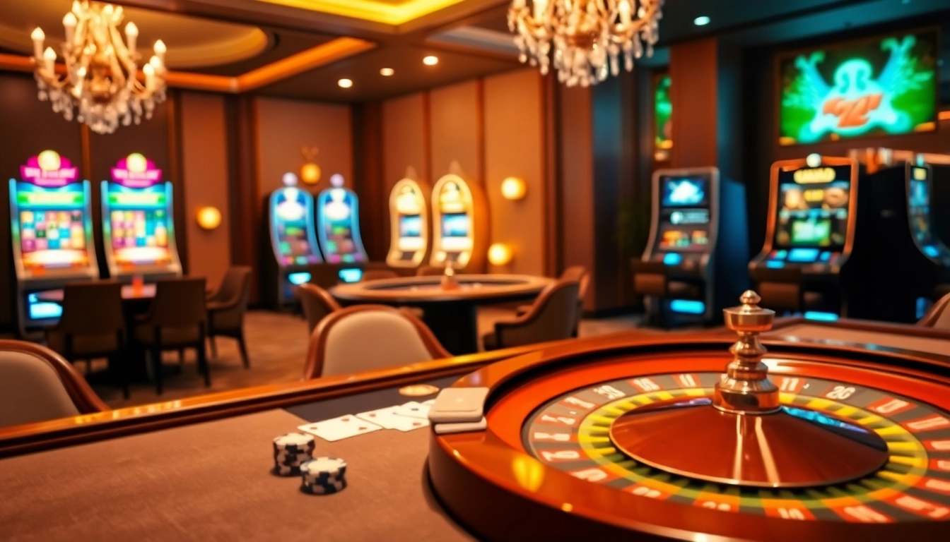 Experience luxury gambling at MV88 with a vibrant poker table and roulette wheel.