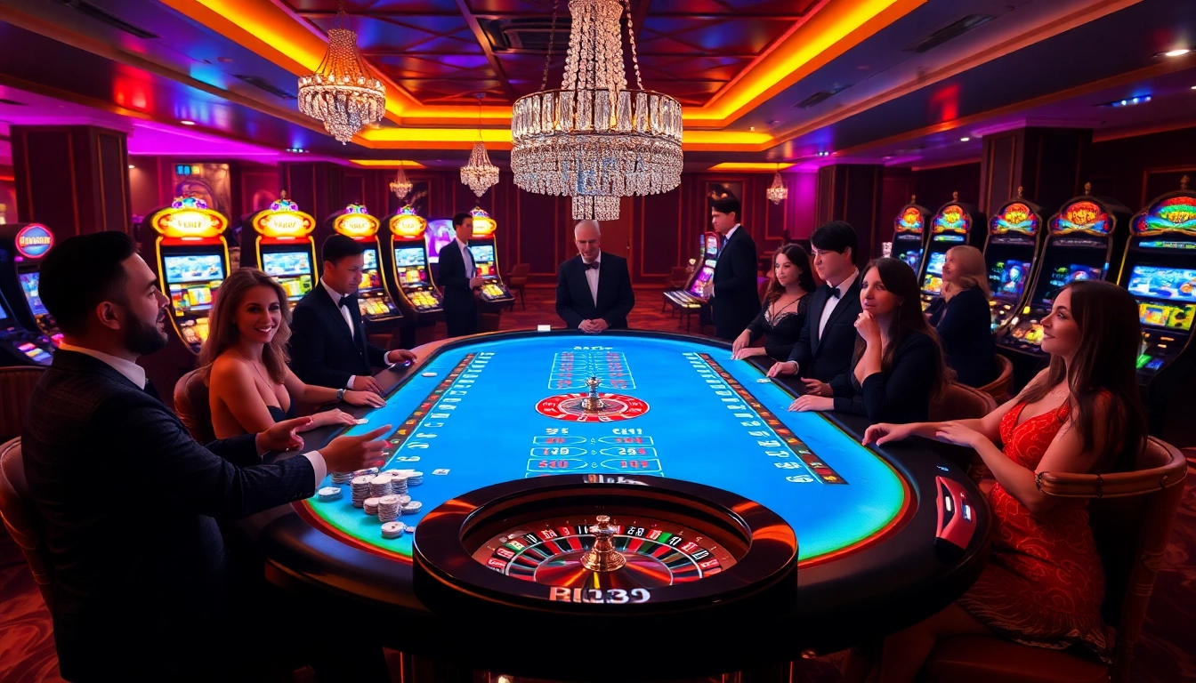 Players enjoying the excitement of Bk33 club at a luxurious casino table with cards and chips.