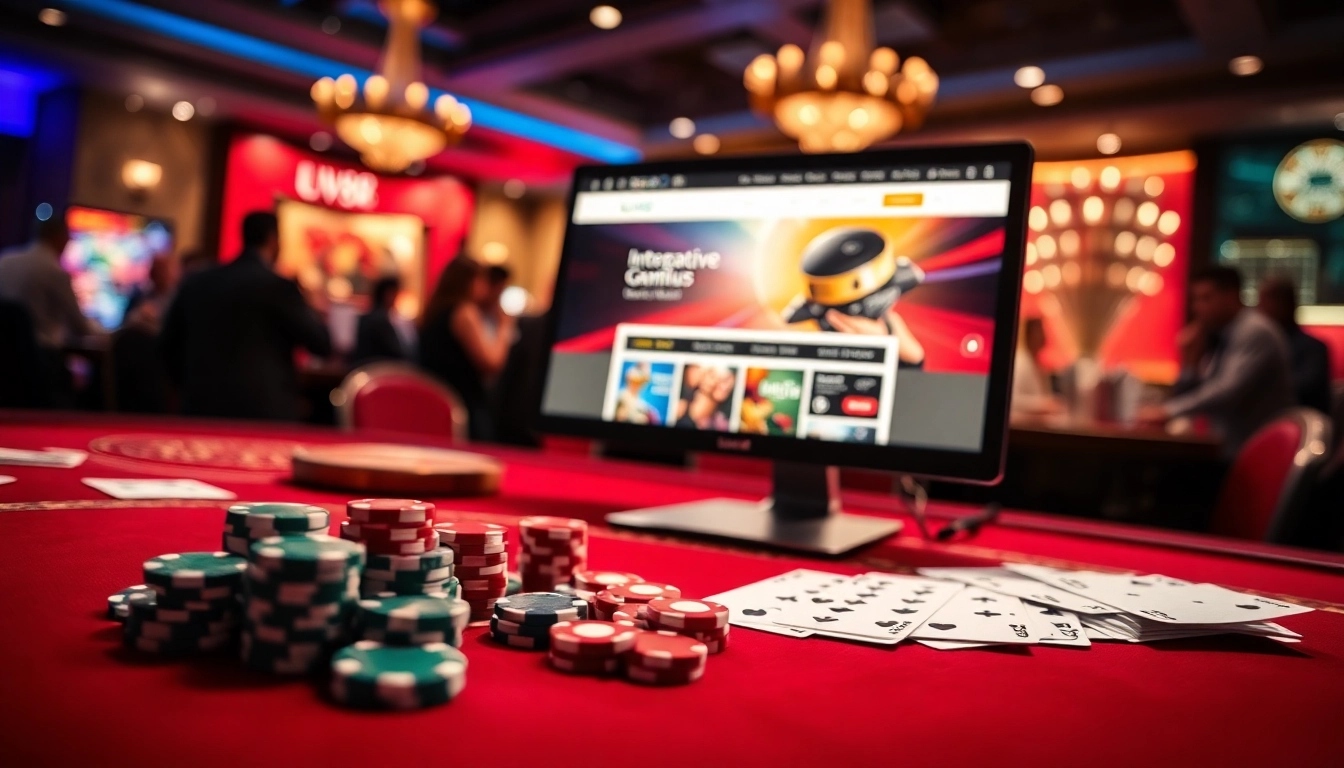 Experience uu88's interactive online casino with vibrant gameplay, cards, and chips.