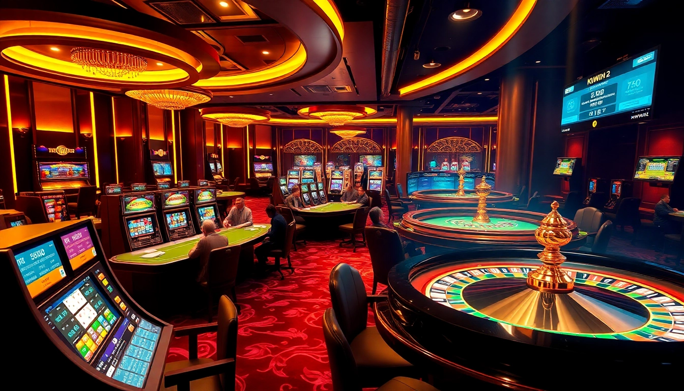Kuwin 2 gaming experience featuring casino tables, roulette wheel, and vibrant slot machines.