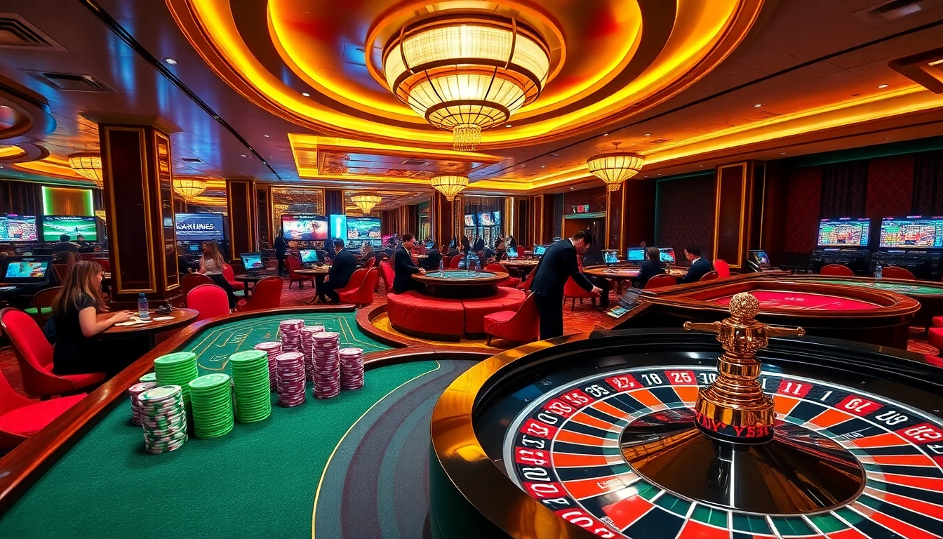 A lively casino scene showing players enjoying games on the trang chủ dh88 platform, with vibrant chips and tables.