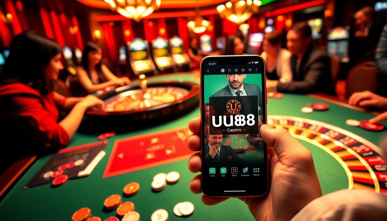 uu88 tải app enables seamless mobile gambling, showcasing a vibrant casino scene with cards and chips.