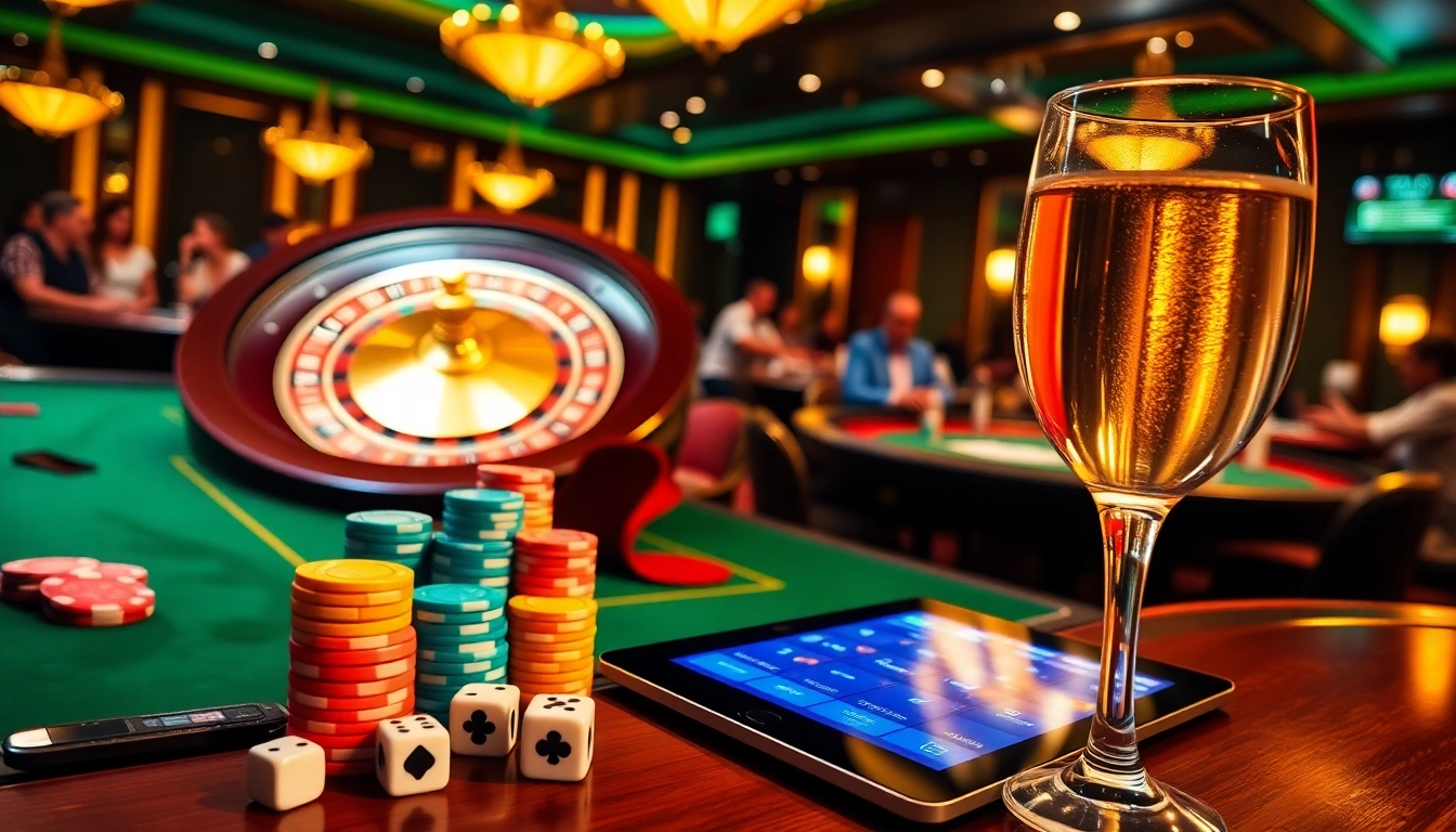 Exciting gaming atmosphere showcasing casino en ligne retrait instantané France with roulette wheel and poker chips.