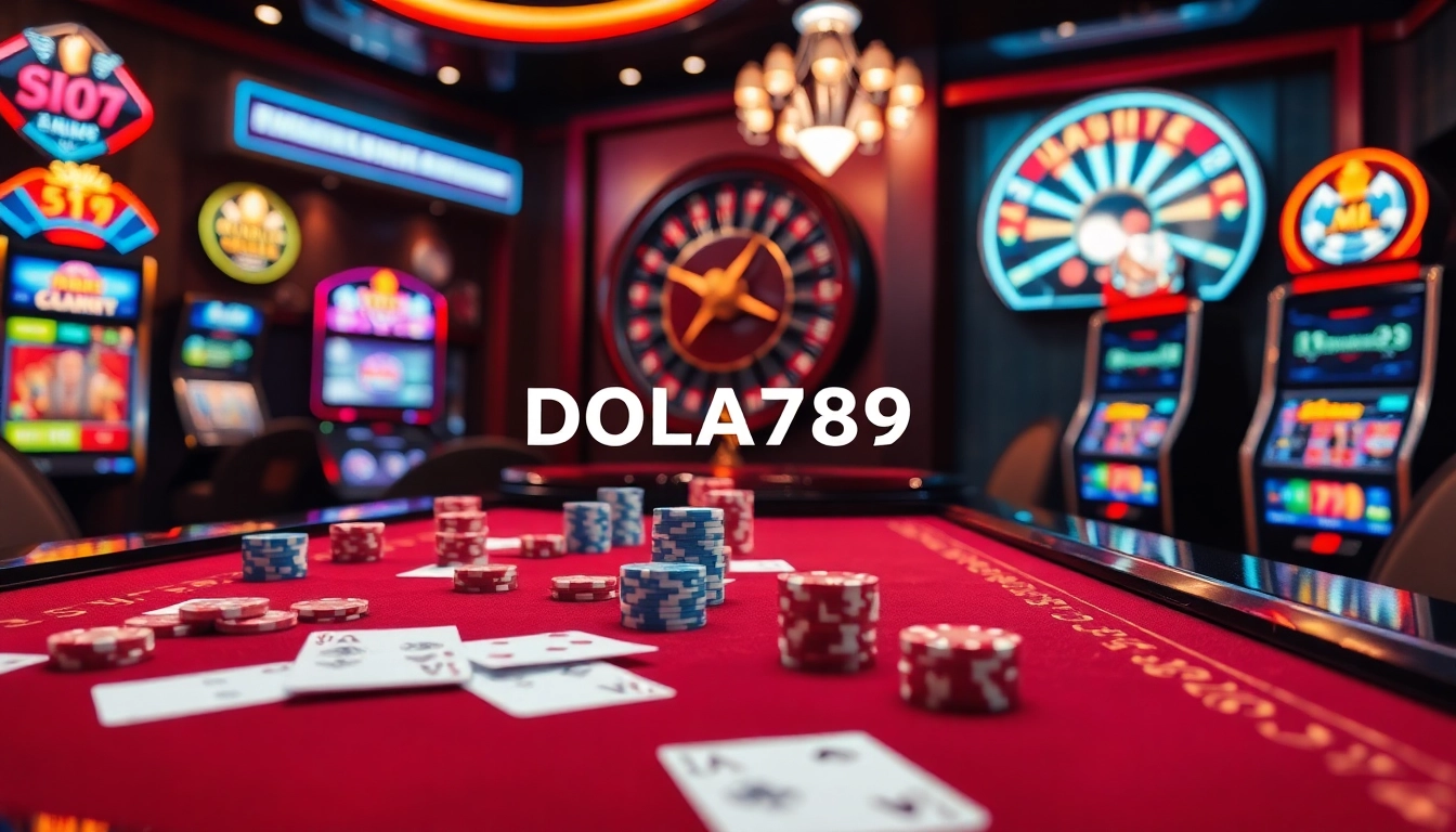DOLA789 poker chips and cards on a luxurious casino table, evoking excitement and strategy in gambling.