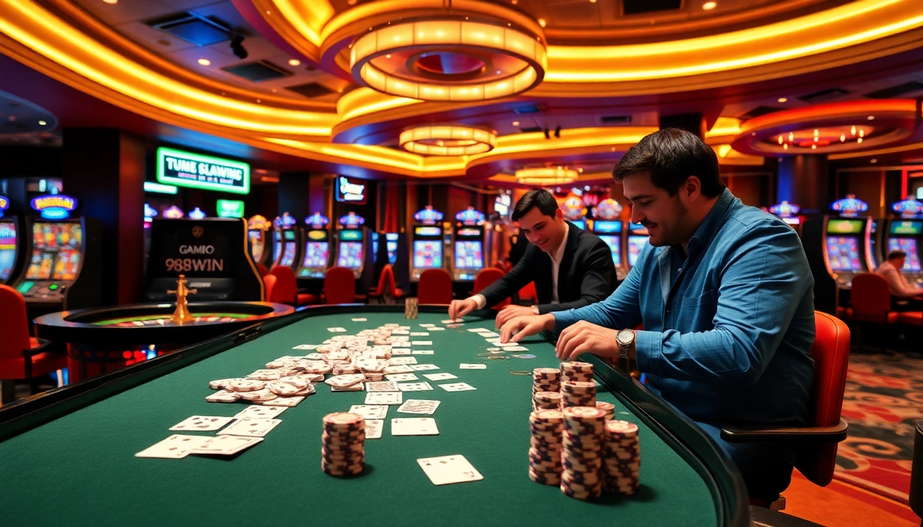 Players enjoying a thrilling game 98win at a vibrant casino table with cards and chips.