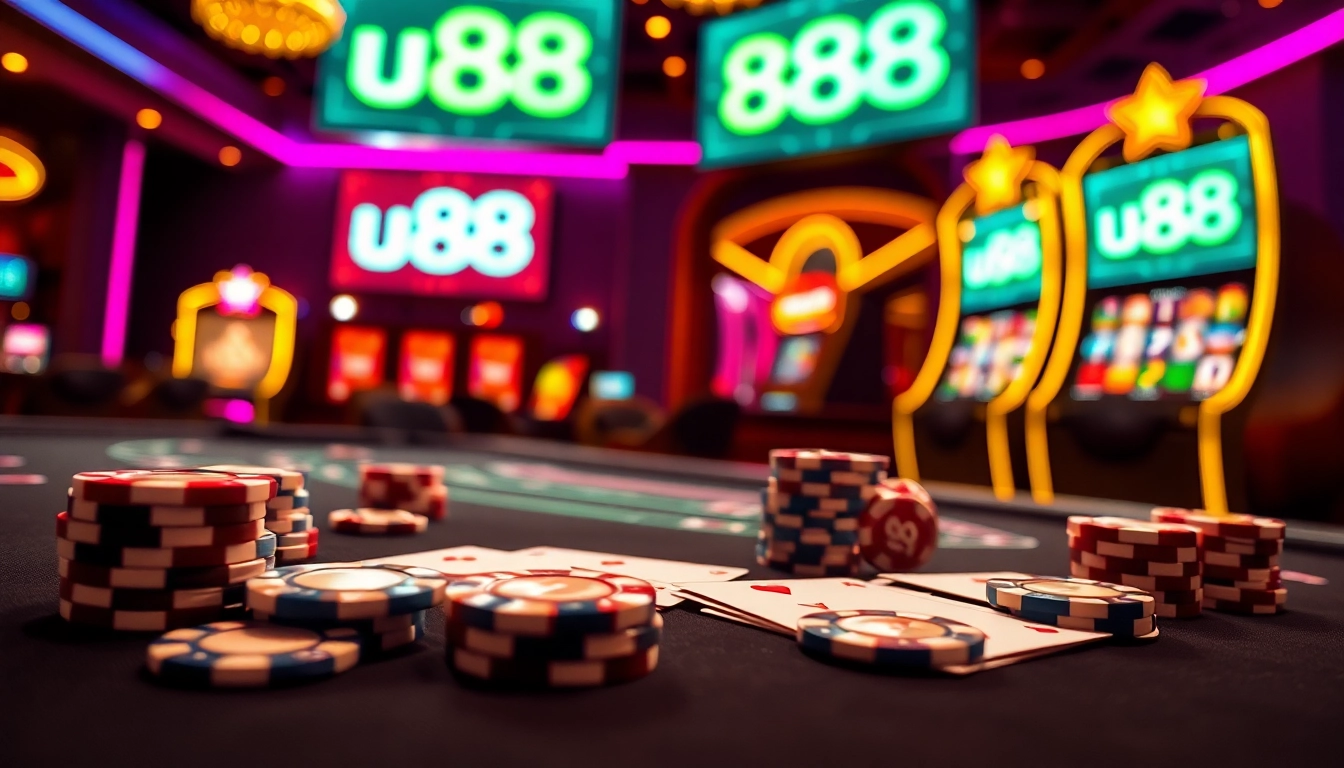 Engaging gambling scene showcasing the u 888 online casino experience with bustling casino tables and poker chips.