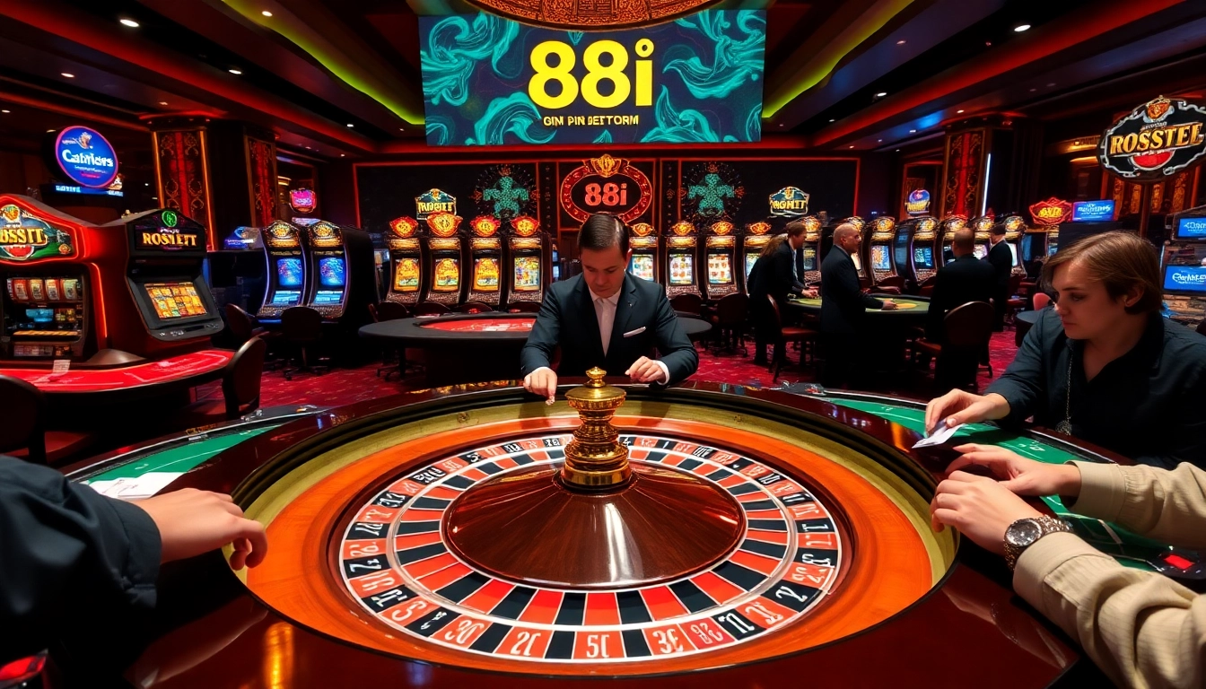 Gambling scene at 88i casino with poker tables, roulette, and excited players.