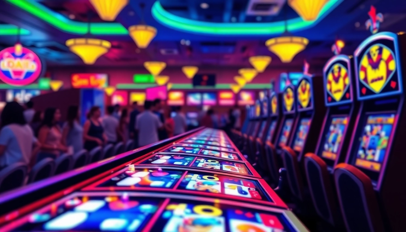 Découvrez les machines à sous en ligne dans un casino vibrant, avec des machines colorées et animées.