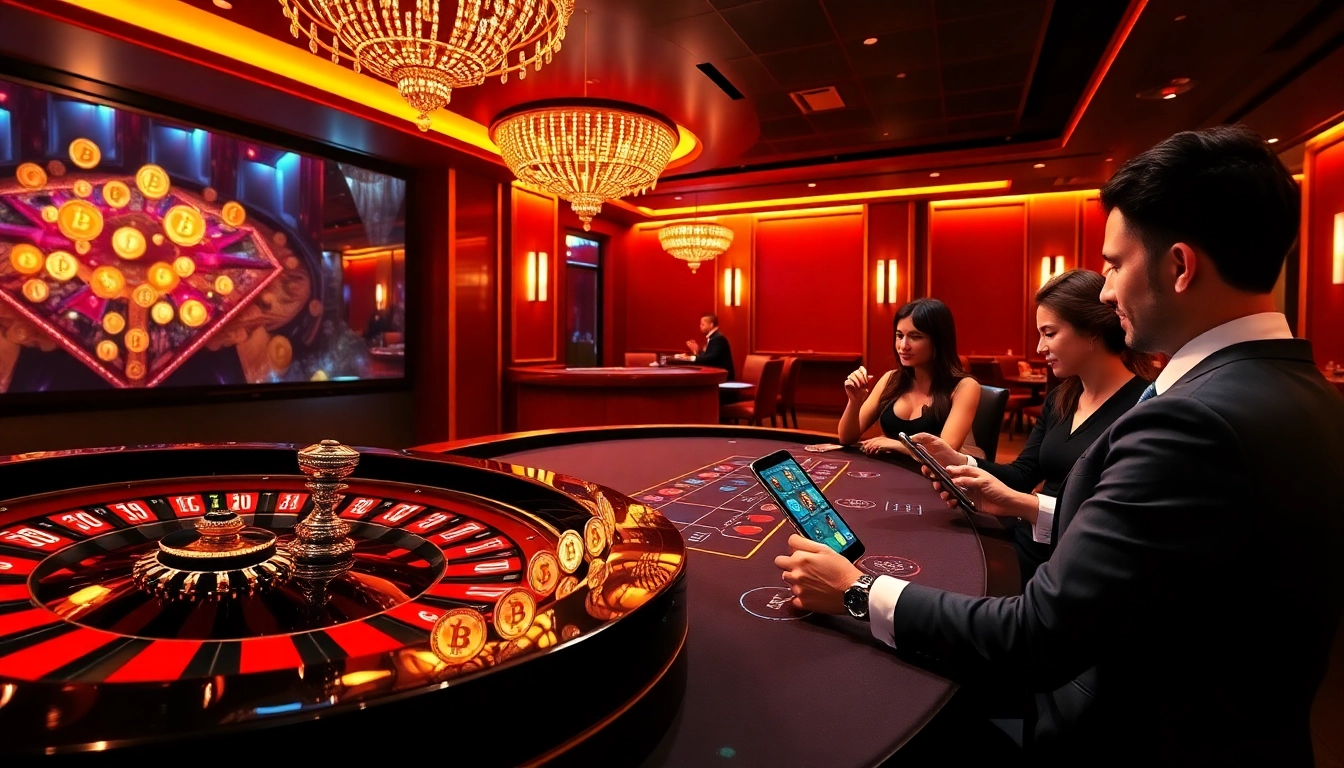 Des joueurs profitent des jeux de casino crypto autour d'une table de blackjack luxueuse avec des tablettes.