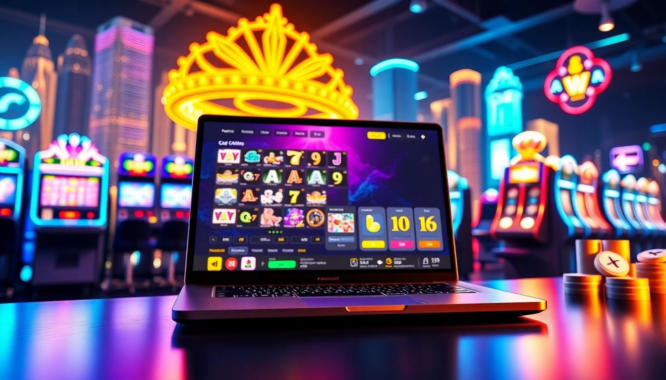 Jouez au casino crypto en ligne avec une interface moderne entourée de machines à sous colorées.