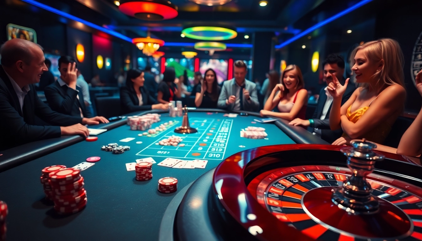 Vibrant scene of players at a casino en ligne francais, enjoying table games and casino atmosphere.