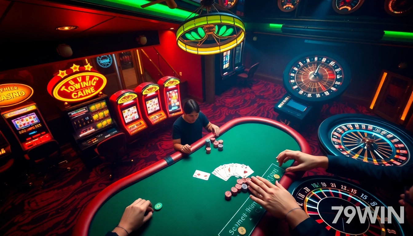 Players enjoying an intense poker game at 789WIN casino, showcasing table excitement and vibrant atmosphere.