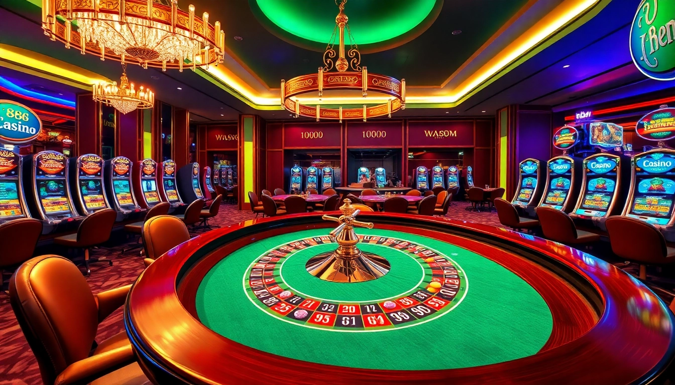 Experience the thrill of u 888 Casino with players at a roulette table and vibrant slot machines.