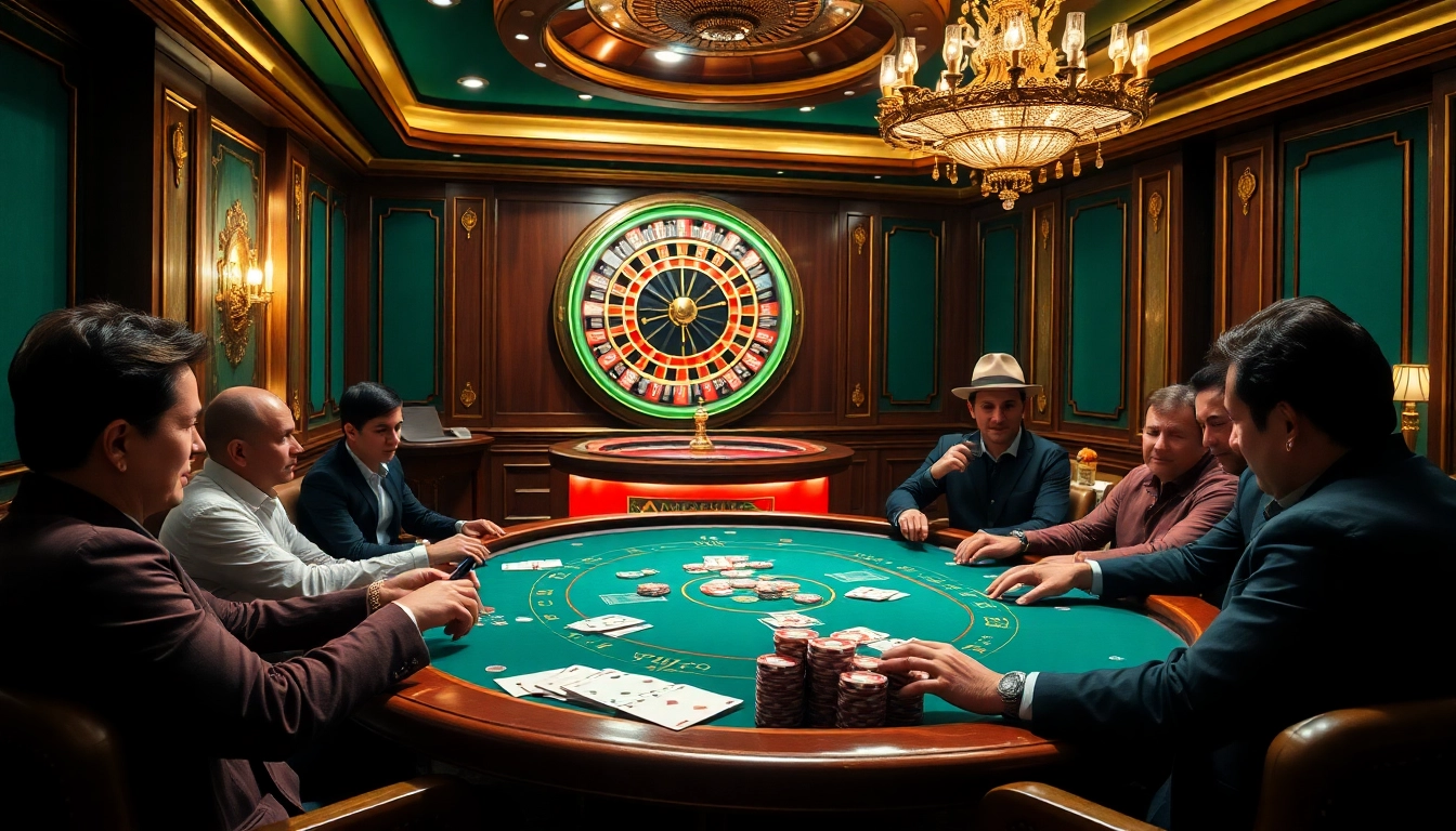 Engaged players participate in a thrilling game at the best crypto casino poker table, showcasing excitement and luxury.