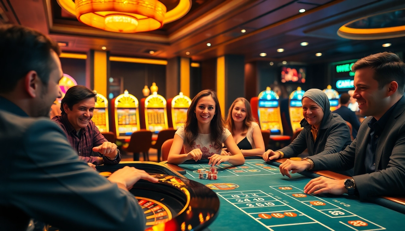 Joueurs captivés par des jeux de casino en ligne francais, ambiance festive et machines à sous brillantes.