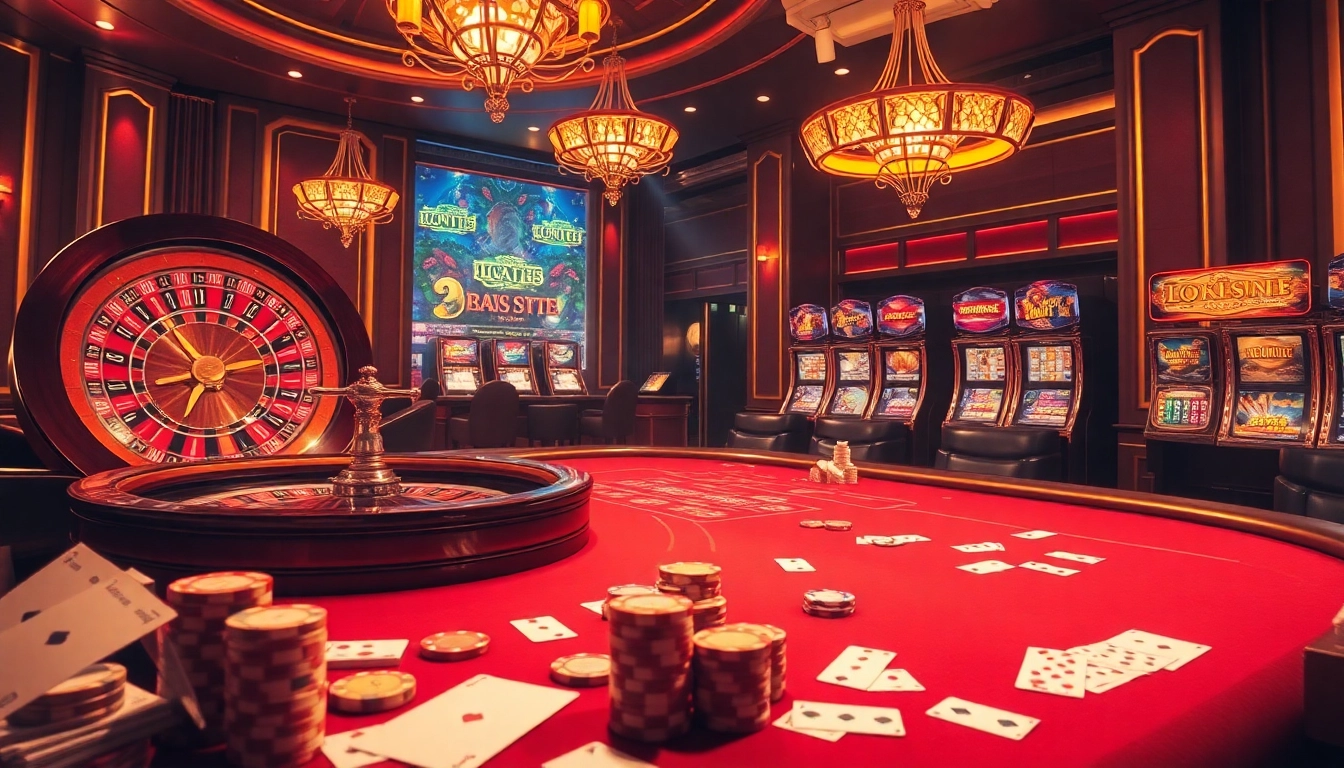 Experience the thrill of LUCK8 COM with a luxurious casino atmosphere featuring poker tables and slot machines.