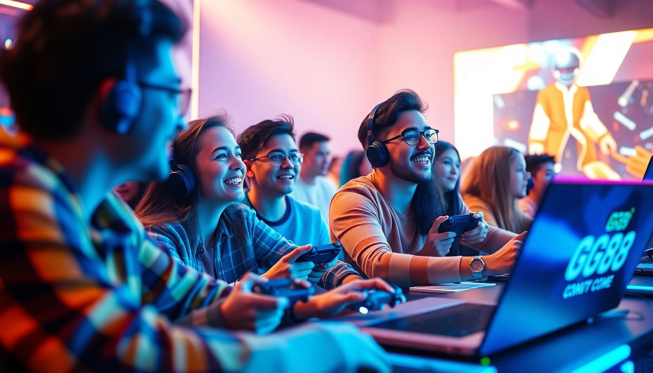 Engaging online gaming scene for GG88 COM featuring diverse gamers and vibrant UI elements.