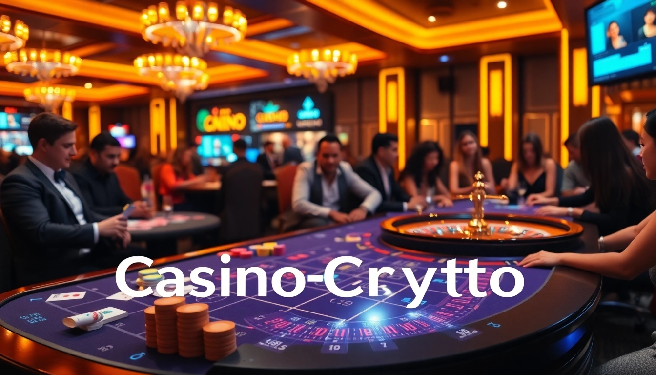 Vivez l'excitation du casino crypto autour d'une table de jeu vibrante avec des jetons et une roue de roulette.
