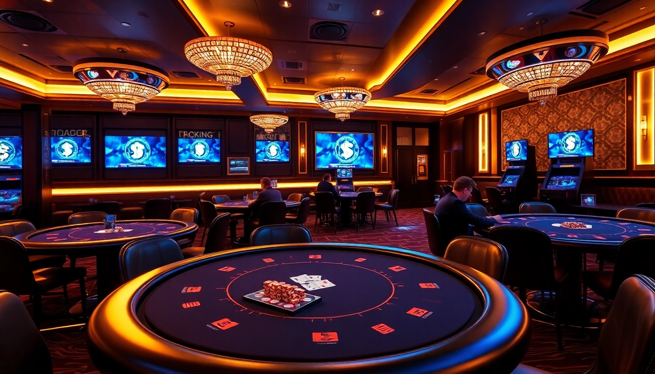 Jouez au casino crypto en ligne dans un cadre élégant avec des tables de poker animées.