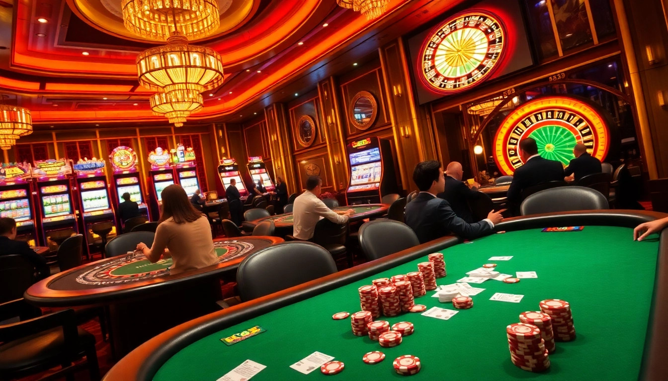 Experience thrilling gameplay at Bk33 club's luxurious casino with vibrant tables and slot machines.
