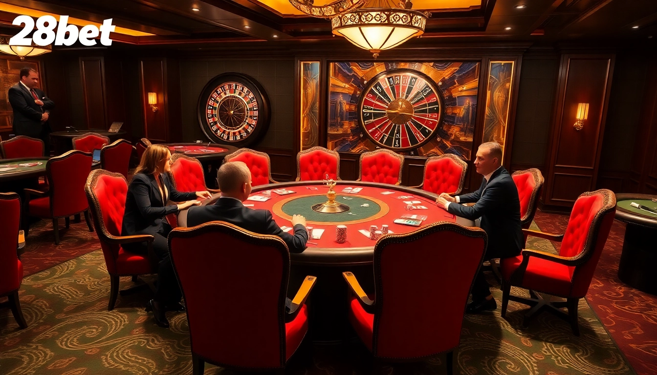 Exciting poker action at 28bet with players and chips in a luxurious casino setting.