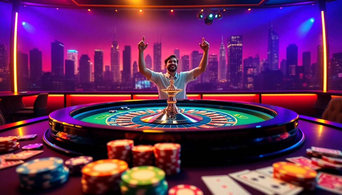 joueur célébrant une victoire dans un casino en ligne retrait immédiat avec des lumières néon vibrantes related image