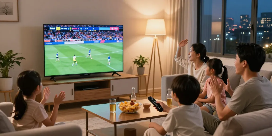 Famille regardant des chaînes IPTV France sur un téléviseur en direct.